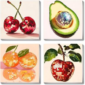 4 Pack Disco Ball DIY Paint by Number Beginners,Fruit Oil Painting Adults' Paint-by-Number Kits,Acrylic Paint Kit with Frame for All Ages,Easy Paint by Numbers Kids on Canvas 8x8inch