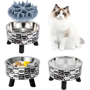 3PCS Elevated Cat Bowls with Slow Feeder, Wide Raised Stainless Steel Cat Dishes Plastic Stand Silicone Slow Food Dispenser, Whisker Friendly Pet Water Food Plates Feeding Station Indoor Cats, Kitten