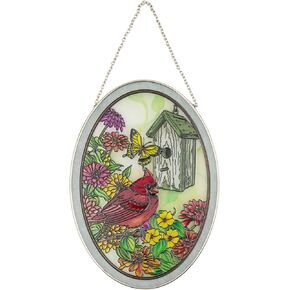 نافذة زجاجية ملونة معلقة على أشعة الشمس - Birdhouse Sun Catcher كبير البيضاوي 9.3 بوصات في 7 بوصات