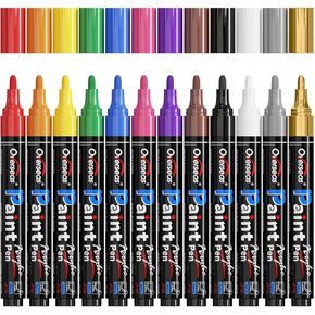 Paint Marker Pens - 12 Colors Permanent Acrylic Markers, Medium Tip, Water Based, Quick Dry, Waterproof Paint Pen Set for Rock, Wood, Plastic, Metal, Canvas, Glass, Fabric, Mug, Stone