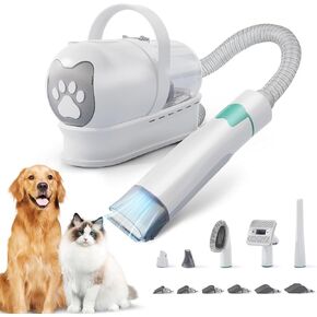 Dog Grooming Kit, Pet Grooming Vacuum with Pet Clipper Nail Grinder, Dog Hair Vacuum with 6 Pet Grooming Tools for Dogs Cats Shedding Grooming (White)
