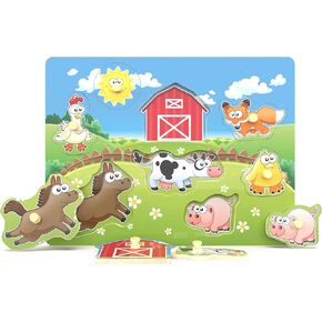 Wooden Peg Puzzle, Farm Chunky Baby Puzzles, Full-Color Pictures Wood Shape Puzzle Peg Board, Animal Knob Puzzle for Educational Toddlers 18Months and up, 8 Pieces
