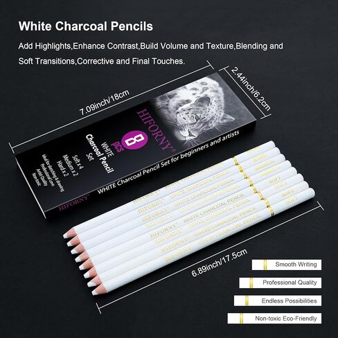 HIFORNY 10 Pieces Colored Charcoal Pencils for drawing- Black White Charcoal Pencils for Sketching,Shading,Blending,Portrait - Ideal for Beginners & Artists in Kuwait