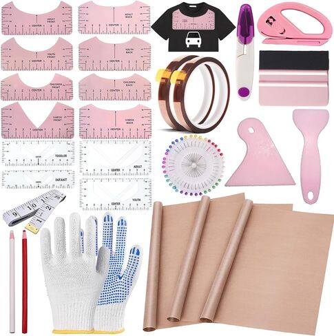 QUKLOGEN Sublimation Shirts Tool Kits 76 Pcs Shirt Measure Ruler Set Reusable Round Neck and V-Neck Alignment T-Shirt Guide Ruler Teflon Sheet for Heat Press 12 x 16in Heat Resistant Tape in Kuwait