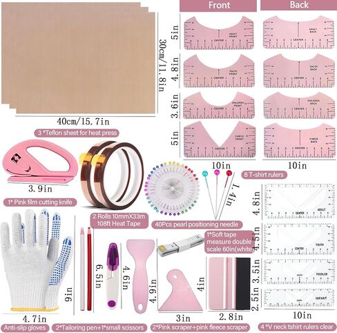 QUKLOGEN Sublimation Shirts Tool Kits 76 Pcs Shirt Measure Ruler Set Reusable Round Neck and V-Neck Alignment T-Shirt Guide Ruler Teflon Sheet for Heat Press 12 x 16in Heat Resistant Tape in Kuwait