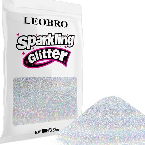 LEOBRO 100g / 3.5 oz Silver Glitter, Holographic Fine Glitter for Crafts, Resin, DIY Jewelry Keychains Flowers Party Decorations, Holographic Silver in Saudi Arabia