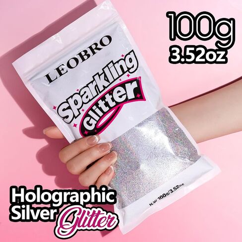 LEOBRO 100g / 3.5 oz Silver Glitter, Holographic Fine Glitter for Crafts, Resin, DIY Jewelry Keychains Flowers Party Decorations, Holographic Silver in Saudi Arabia