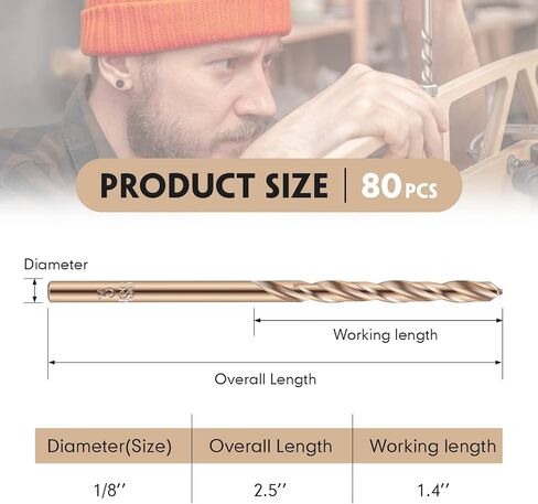 Mudder 50 قطعة 1/8 بوصة مثقاب M35 عالي السرعة من الفولاذ الملتوي الكوبالت مجموعة رؤوس مثقاب للمعادن الصلبة المصنوعة من الفولاذ المقاوم للصدأ والحديد الزهر والبلاستيك (1/8 بوصة) in Kuwait