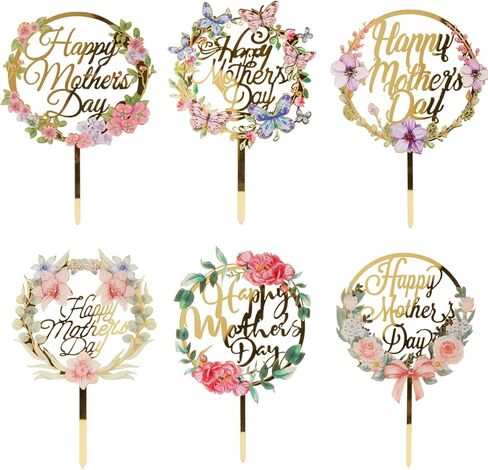 6 pcs Happy Mother's Day Cake Topper Cake topper Acrylic Mirror Cake topper Decorative Party Cake Decoration for Mother's Day (mother's day wreath) in Saudi Arabia