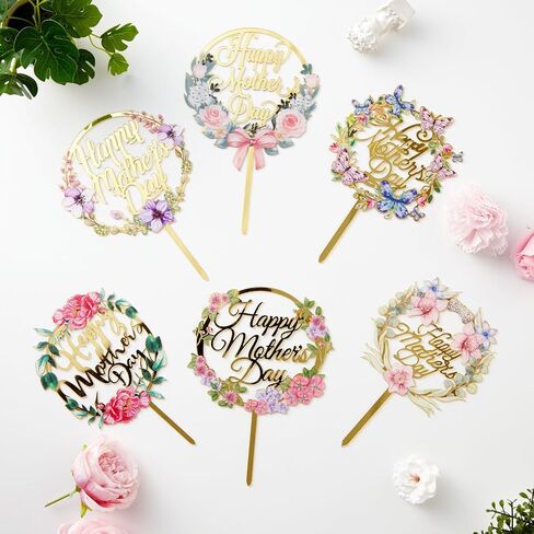 6 pcs Happy Mother's Day Cake Topper Cake topper Acrylic Mirror Cake topper Decorative Party Cake Decoration for Mother's Day (mother's day wreath) in Saudi Arabia