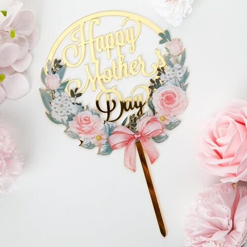 6 pcs Happy Mother's Day Cake Topper Cake topper Acrylic Mirror Cake topper Decorative Party Cake Decoration for Mother's Day (mother's day wreath) in Saudi Arabia