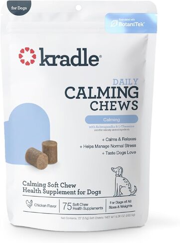Kradle Calming Chews for Dogs - Natural Daily Stress & Anxiety Relief for Dogs - Proprietary BotaniTek™ Blend – Chamomile, Ashwagandha, L-Theanine & GABA - 75-Count Jar Soft Chews - Chicken Flavor in Kuwait