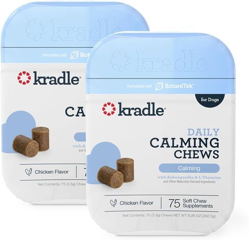 Kradle Calming Chews for Dogs - Natural Daily Stress & Anxiety Relief for Dogs - Proprietary BotaniTek™ Blend – Chamomile, Ashwagandha, L-Theanine & GABA - 75-Count Jar Soft Chews - Chicken Flavor in Saudi Arabia