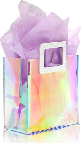 KeerxunBag 1 Pack Holographic Gift Bags with Handles & 2 Tissue Paper Sheets – Iridescent Transparent Reusable Bags for Women, Girls, Birthdays, Weddings，Pink Gift Bag in Saudi Arabia