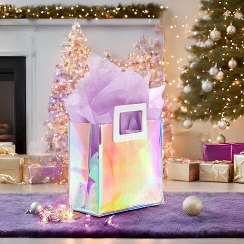KeerxunBag 1 Pack Holographic Gift Bags with Handles & 2 Tissue Paper Sheets – Iridescent Transparent Reusable Bags for Women, Girls, Birthdays, Weddings，Pink Gift Bag in Saudi Arabia