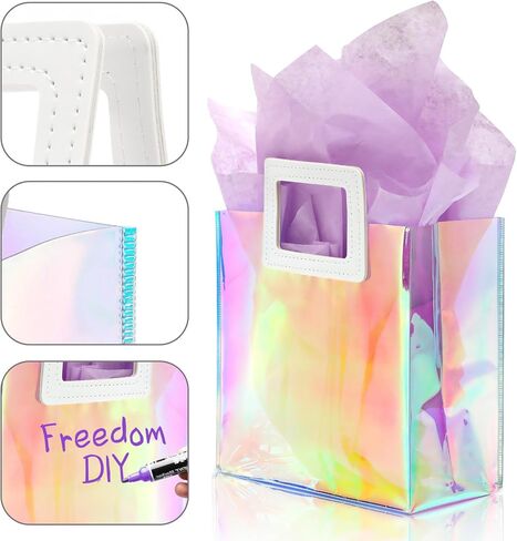 KeerxunBag 1 Pack Holographic Gift Bags with Handles & 2 Tissue Paper Sheets – Iridescent Transparent Reusable Bags for Women, Girls, Birthdays, Weddings，Pink Gift Bag in Saudi Arabia