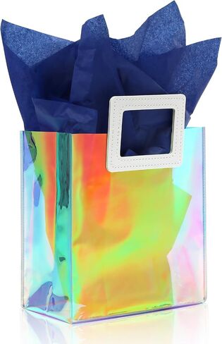 KeerxunBag 1 Pack Holographic Gift Bags with Handles & 2 Tissue Paper Sheets – Iridescent Transparent Reusable Bags for Women, Girls, Birthdays, Weddings，Pink Gift Bag in Saudi Arabia