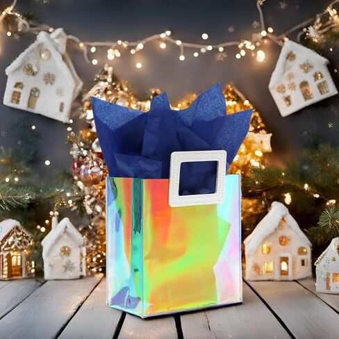 KeerxunBag 1 Pack Holographic Gift Bags with Handles & 2 Tissue Paper Sheets – Iridescent Transparent Reusable Bags for Women, Girls, Birthdays, Weddings，Pink Gift Bag in Saudi Arabia