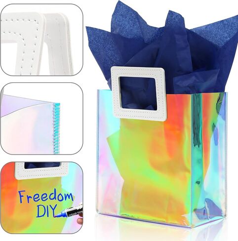 KeerxunBag 1 Pack Holographic Gift Bags with Handles & 2 Tissue Paper Sheets – Iridescent Transparent Reusable Bags for Women, Girls, Birthdays, Weddings，Pink Gift Bag in Saudi Arabia