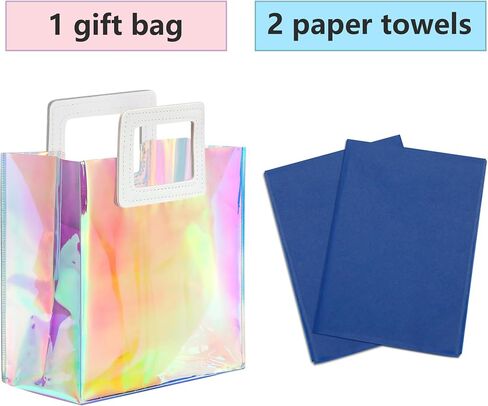 KeerxunBag 1 Pack Holographic Gift Bags with Handles & 2 Tissue Paper Sheets – Iridescent Transparent Reusable Bags for Women, Girls, Birthdays, Weddings，Pink Gift Bag in Saudi Arabia