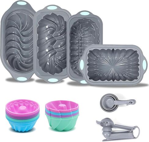 45 Pieces Silicone Loaf Pan for Baking Bread, 6 Cups Silicone Baking Pans Set, Baking Cups, Non-Stick Kitchen Oven Baking Pans, with Measuring Cups and Spoons Set, Grey in Kuwait