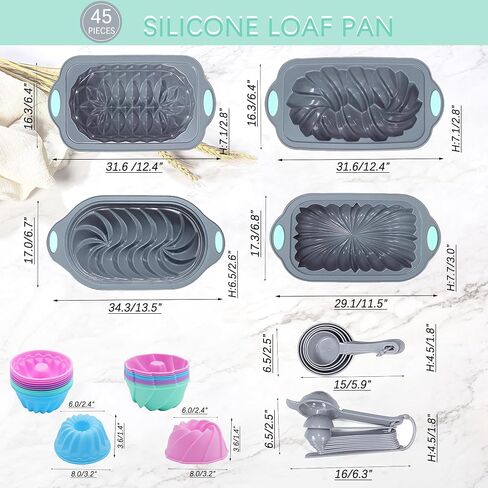 45 Pieces Silicone Loaf Pan for Baking Bread, 6 Cups Silicone Baking Pans Set, Baking Cups, Non-Stick Kitchen Oven Baking Pans, with Measuring Cups and Spoons Set, Grey in Kuwait