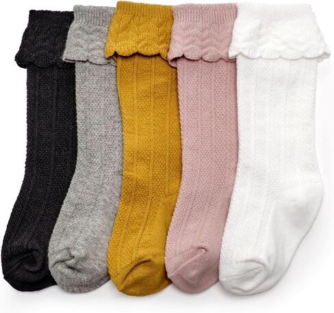 CozyWay Knee High Socks Newborn Infants Toddlers Girls 5 Pack Tube Ruffled Uniform Long Stockings, 6-12 Months in Kuwait