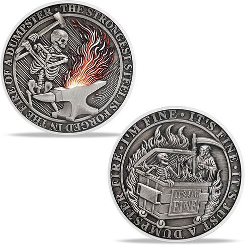 Dumpster Fire Challenge Coin - The Strongest Steel is Forged in The Fire of a Dumpster - Resilience and Strength Symbol - Humorous Keepsake Funny Office Gift for Colleagues Coworkers in Saudi Arabia