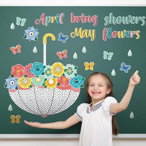 Gueevin April Showers Bring May Flowers Decorations Spring Cut Outs Bulletin Board School Classroom for Whiteboard Window Home Party Decor Supplies (Classic Style) in Saudi Arabia