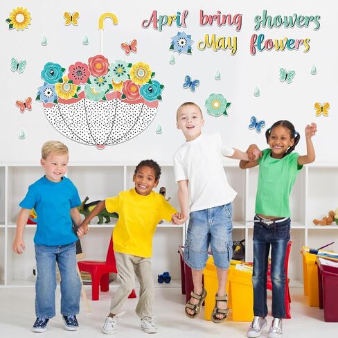 Gueevin April Showers Bring May Flowers Decorations Spring Cut Outs Bulletin Board School Classroom for Whiteboard Window Home Party Decor Supplies (Classic Style) in Saudi Arabia