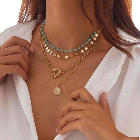 Boho & Western Turquoise Deded Deledclace للنساء - مصنوعة يدويًا مجوهرات متعددة الطبقات قابل للتعديل يدويًا in Kuwait
