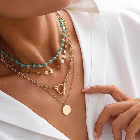 Boho & Western Turquoise Deded Deledclace للنساء - مصنوعة يدويًا مجوهرات متعددة الطبقات قابل للتعديل يدويًا in Kuwait