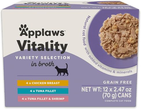 Applaws Vitality Wet Cat Food in Broth, Natural Canned Cat Food, Wet Food for Cats with Added Vitamins and Minerals, Grain Free, Carrageenan Free, Variety Selection in Broth (12 Count, 2.47 oz Cans) in Saudi Arabia