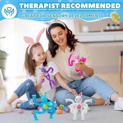 4 Pcs Easter Bunny Pop Tube Sensory Toys,Easter Basket Stuffer for Toddler Kids Boy Girls,Bunny fidgets Suction ADHD Autism Toy,Fidget Toys Autistic Travel Toys in Kuwait