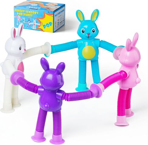 4 Pcs Easter Bunny Pop Tube Sensory Toys,Easter Basket Stuffer for Toddler Kids Boy Girls,Bunny fidgets Suction ADHD Autism Toy,Fidget Toys Autistic Travel Toys in Kuwait