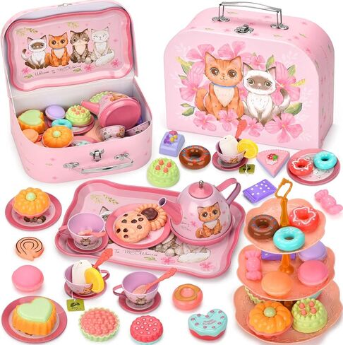 Mermaid Tea Party Set for Little Girls,Birthday Gifts for Age 3 4 5 6 Year Old Girls,Pretend Tin Teapot, Cups, Plates,and Food Sweet Treats Playset for Princess Tea Time Play Kitchen Toys in Kuwait