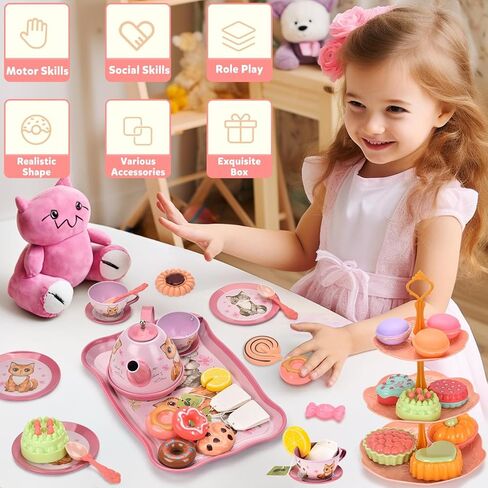 Mermaid Tea Party Set for Little Girls,Birthday Gifts for Age 3 4 5 6 Year Old Girls,Pretend Tin Teapot, Cups, Plates,and Food Sweet Treats Playset for Princess Tea Time Play Kitchen Toys in Kuwait