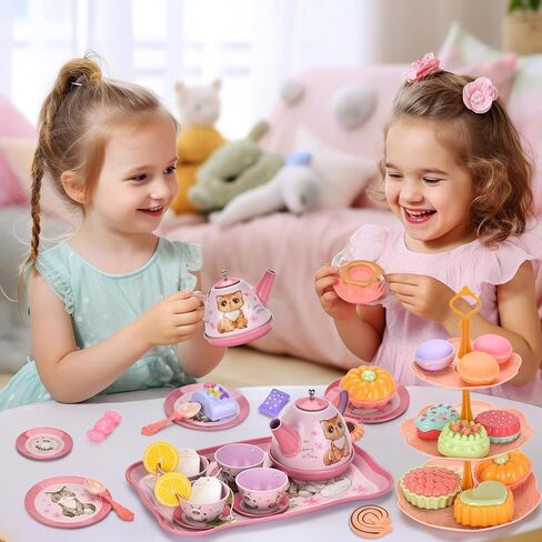 Mermaid Tea Party Set for Little Girls,Birthday Gifts for Age 3 4 5 6 Year Old Girls,Pretend Tin Teapot, Cups, Plates,and Food Sweet Treats Playset for Princess Tea Time Play Kitchen Toys in Kuwait