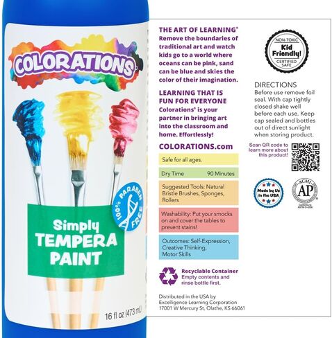 Colorations Paraben-Free Tempera Paint for Kids - Blue, 16 Ounce Bottle, Non-Toxic and Made in The USA in Saudi Arabia