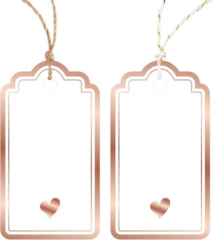 Gift Tags with String Attached, 100PCS Foil Rose Gold Heart Paper Tags White Blank Personalized Name Tag for Gift Bags Presents Birthday Wedding Valentines Mothers Day Christmas Decoration in Saudi Arabia