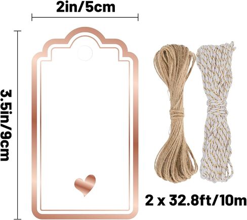 Gift Tags with String Attached, 100PCS Foil Rose Gold Heart Paper Tags White Blank Personalized Name Tag for Gift Bags Presents Birthday Wedding Valentines Mothers Day Christmas Decoration in Saudi Arabia