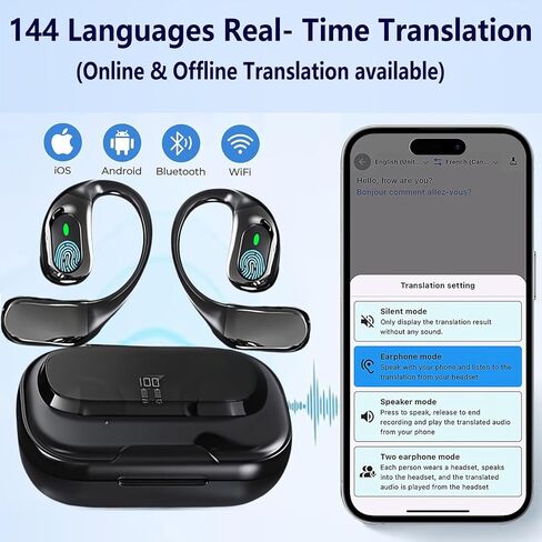 Ai Translator Earbuds Translation Headphones Real-Time 144 Languages with Online & Offline Adjustable Ear-Hook 36H Playtime Perfect for Travel & Business in Saudi Arabia