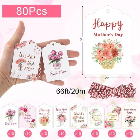 80 Pieces Mothers Day Tags, Happy Mothers Day Tags with String, Floral Thank You Mom Best Mom Ever Gift Tag for DIY Craft Mother’s Day Gift Wrapping Party Decoration (Mix) in Saudi Arabia