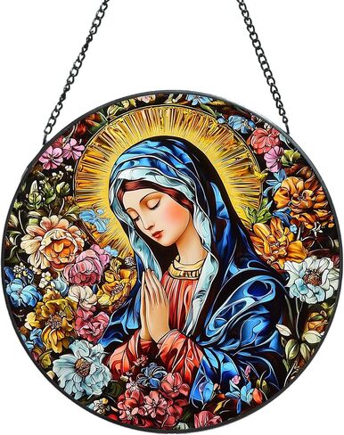 Exquisite Virgin Mary Sun Catcher - 8 Inch Round Stained Glass Decoration Stunning Religious Artwork for Home, Garden, Window, and Spiritual Decor for Believers and Art Lovers (A) in Saudi Arabia