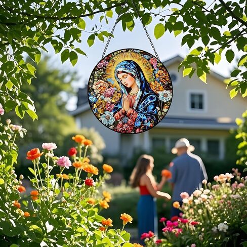 Exquisite Virgin Mary Sun Catcher - 8 Inch Round Stained Glass Decoration Stunning Religious Artwork for Home, Garden, Window, and Spiritual Decor for Believers and Art Lovers (A) in Saudi Arabia