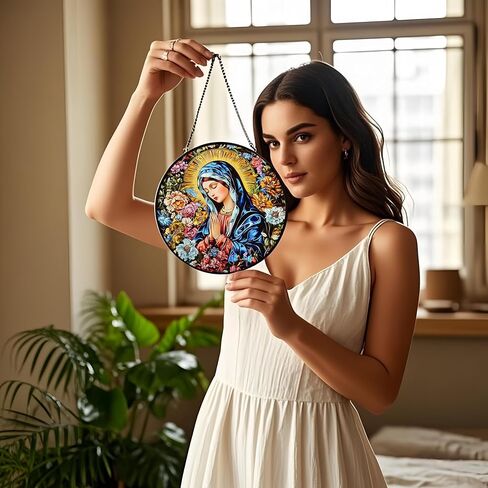 Exquisite Virgin Mary Sun Catcher - 8 Inch Round Stained Glass Decoration Stunning Religious Artwork for Home, Garden, Window, and Spiritual Decor for Believers and Art Lovers (A) in Saudi Arabia