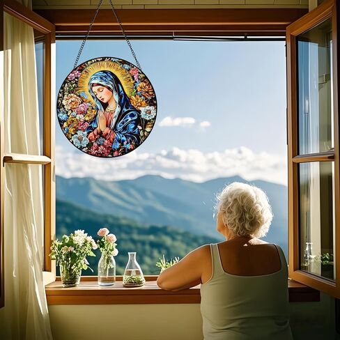 Exquisite Virgin Mary Sun Catcher - 8 Inch Round Stained Glass Decoration Stunning Religious Artwork for Home, Garden, Window, and Spiritual Decor for Believers and Art Lovers (A) in Saudi Arabia