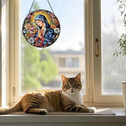 Exquisite Virgin Mary Sun Catcher - 8 Inch Round Stained Glass Decoration Stunning Religious Artwork for Home, Garden, Window, and Spiritual Decor for Believers and Art Lovers (A) in Saudi Arabia