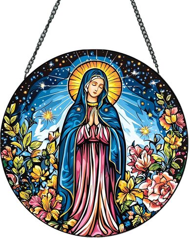 Exquisite Virgin Mary Sun Catcher - 8 Inch Round Stained Glass Decoration Stunning Religious Artwork for Home, Garden, Window, and Spiritual Decor for Believers and Art Lovers (A) in Saudi Arabia