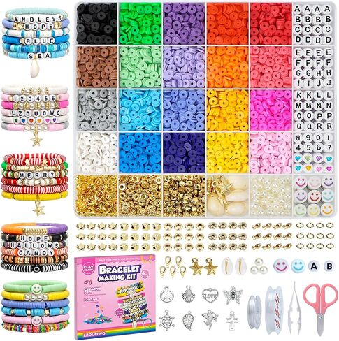 LZOUOWO 7200 Clay Beads Set Flat Heishi Beads for Bracelet Making Aesthetic Kit 24 Colors Polymer Clay Beads Jewelry Making and Letter Beads for Friendship Bracelets Smiley Face Number Glow Beads in Kuwait